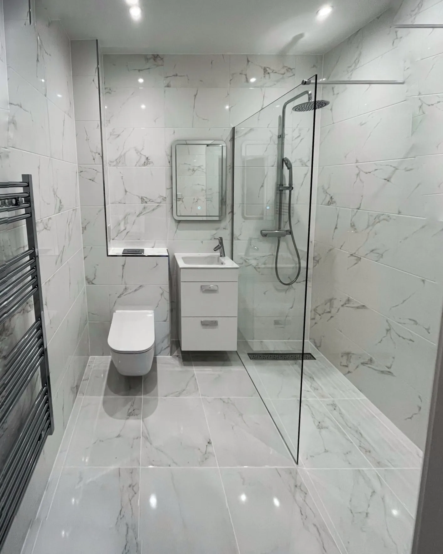Marble walk-in shower bathroom renovation